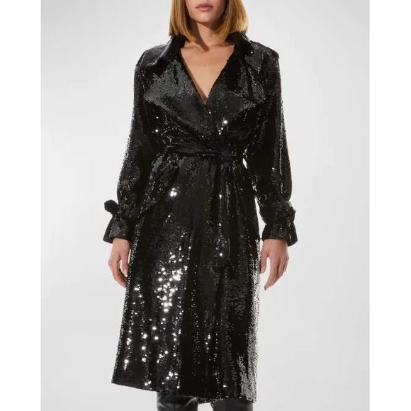 Alice + Olivia Jackets & Blazers - Alice+Olivia Sequin Trench Coat Maxi Long Black Belted Evening Jacket XL NWT
